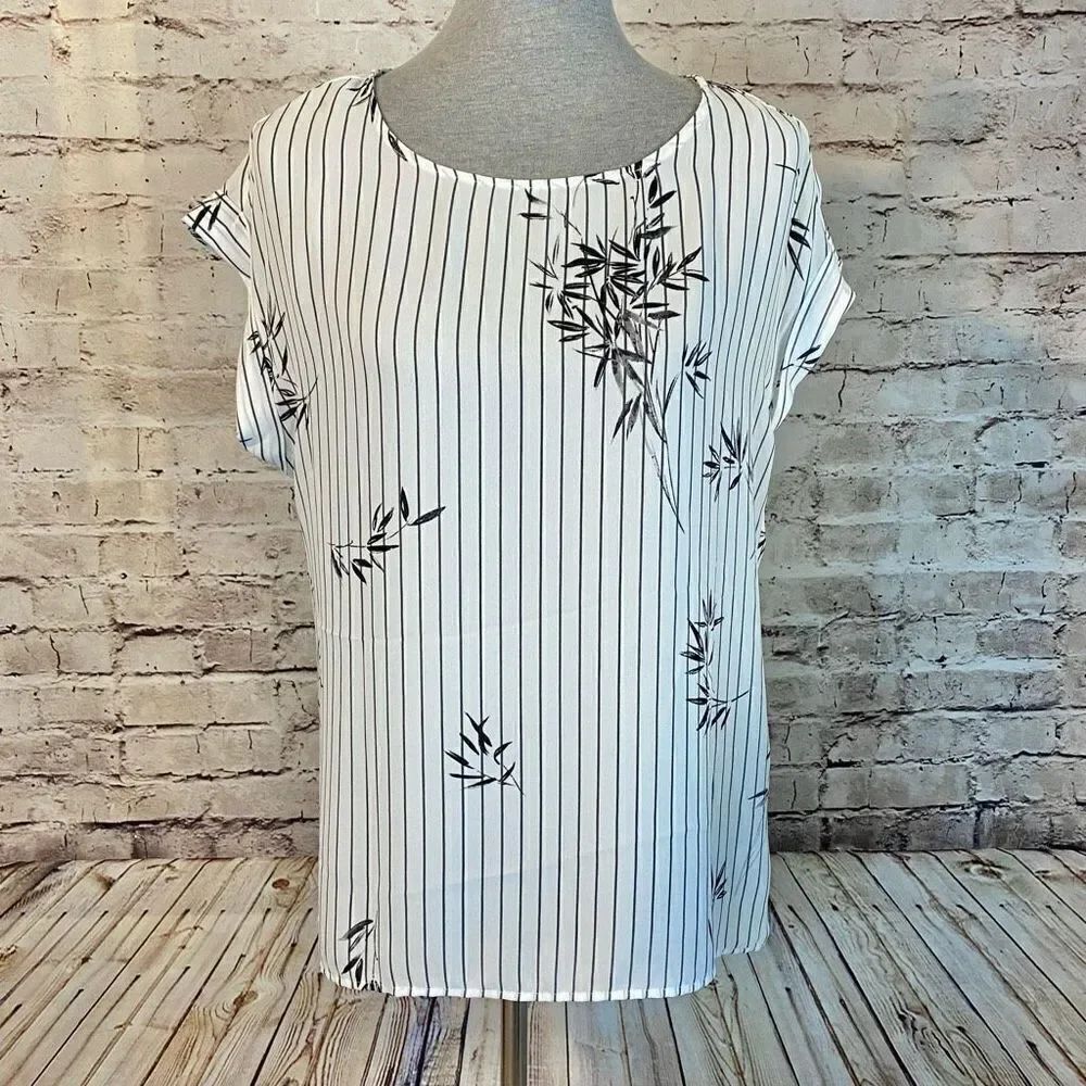 Como Blu Womens Striped Top Blouse Leaf Print Cuff Sleeve White Gray Size Medium